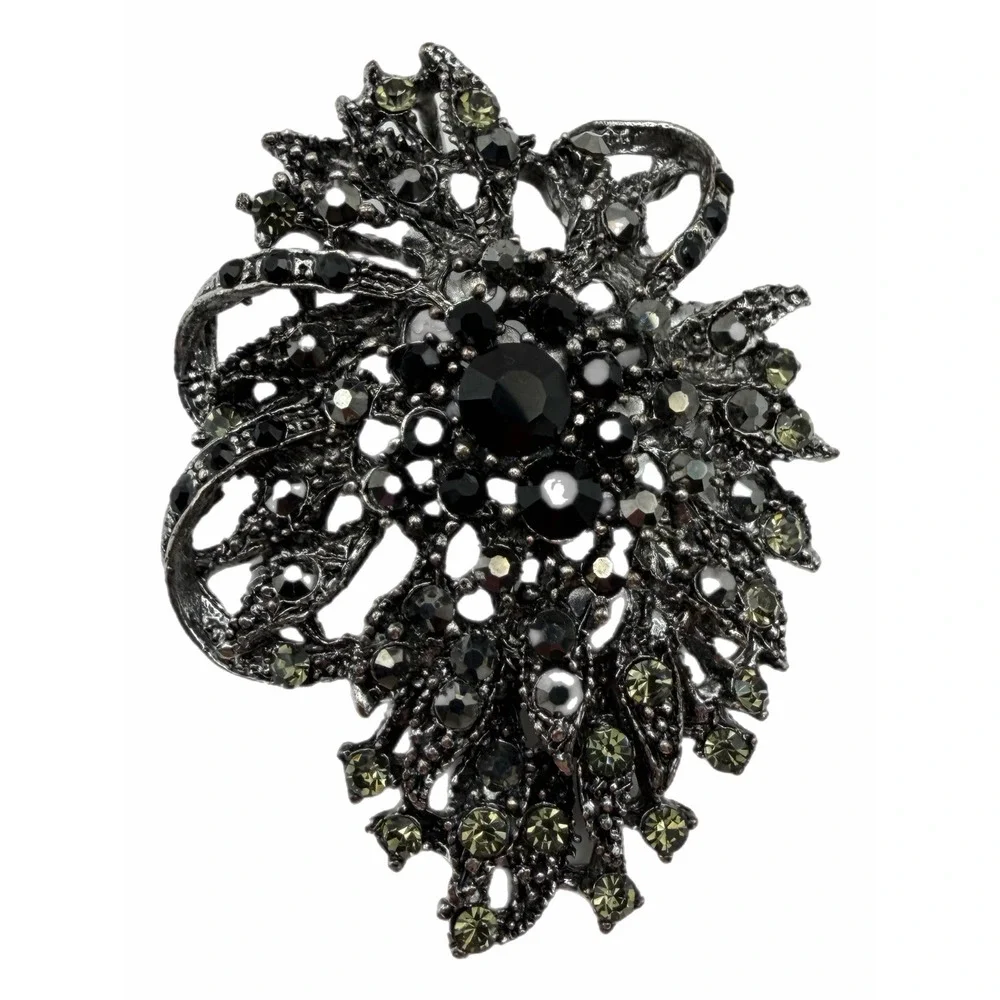 Vintage Gunmetal Black Crystal Floral Cluster Brooch Statement Pin